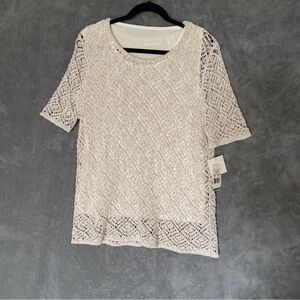 New Alfred Dunner Cream crocheted Lace Blouse metallic thread size Large